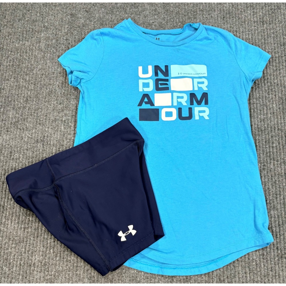 Under Armour Kids Youth Medium Blue Graphic Tee and Navy Shorts Set HeatGear